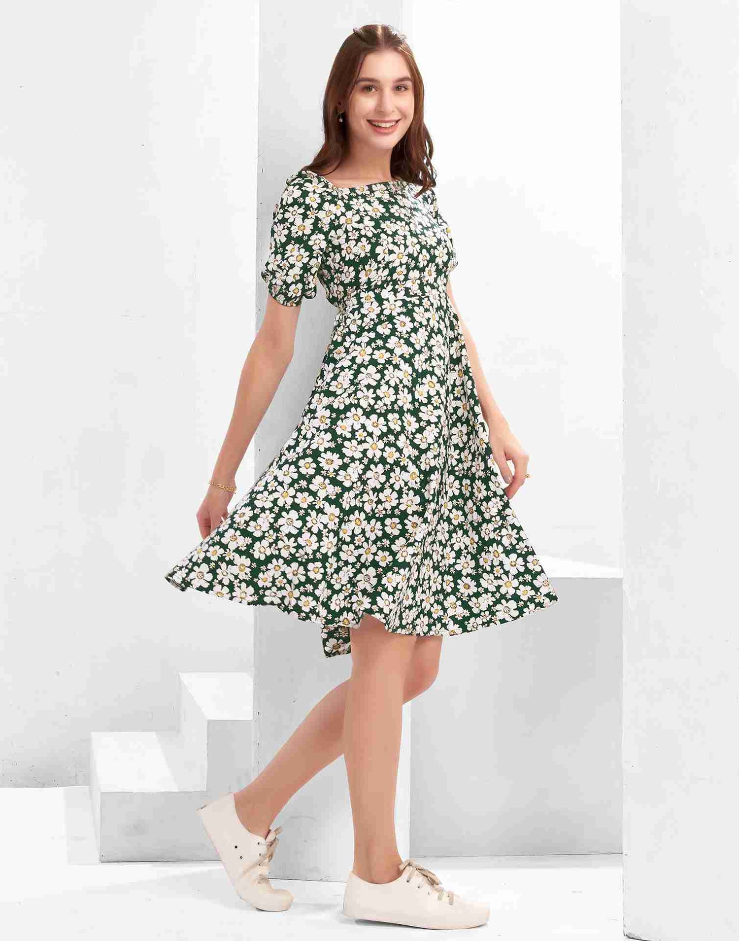 Dark Green Polyester Printed Flared Dress