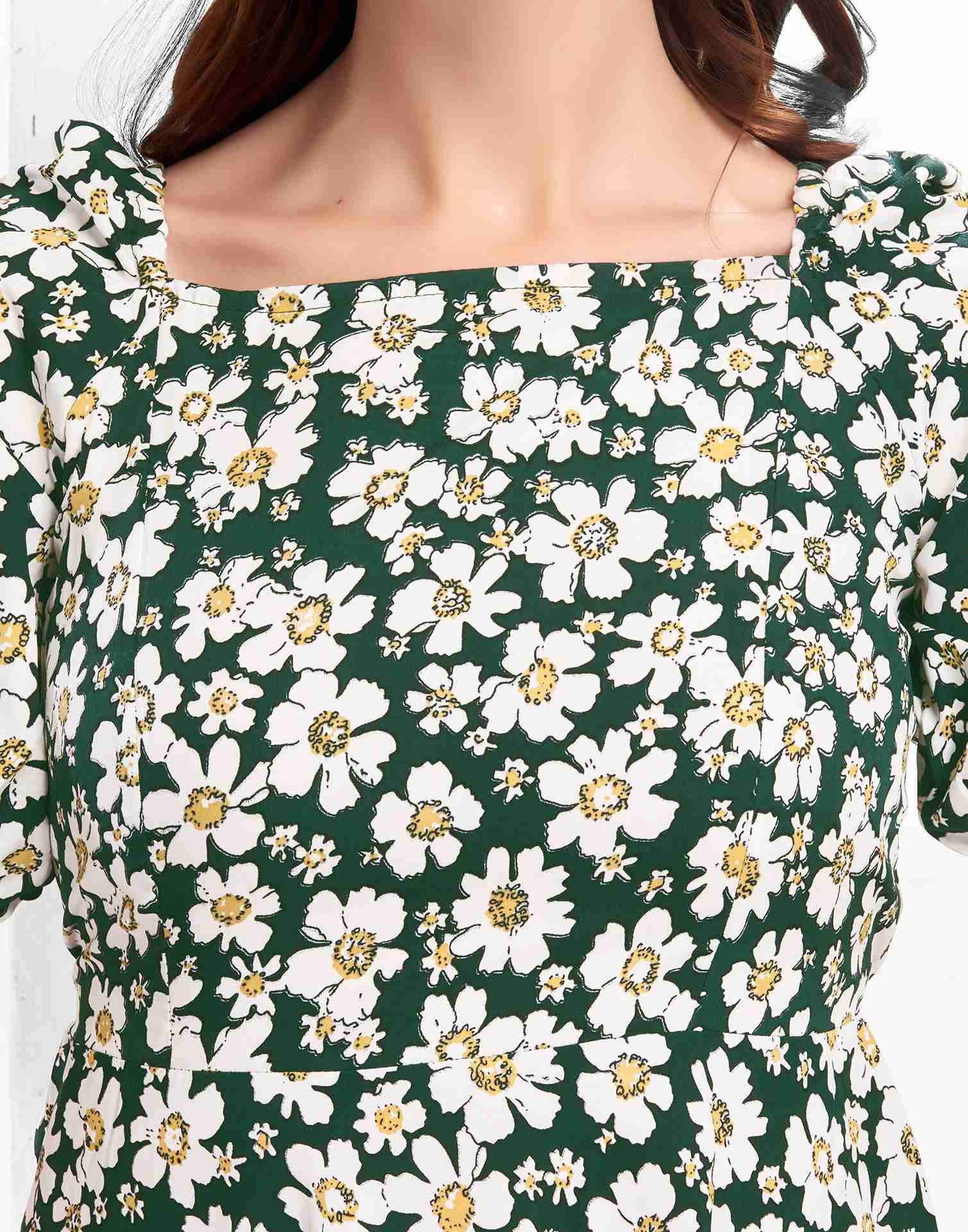 Dark Green Polyester Printed Flared Dress