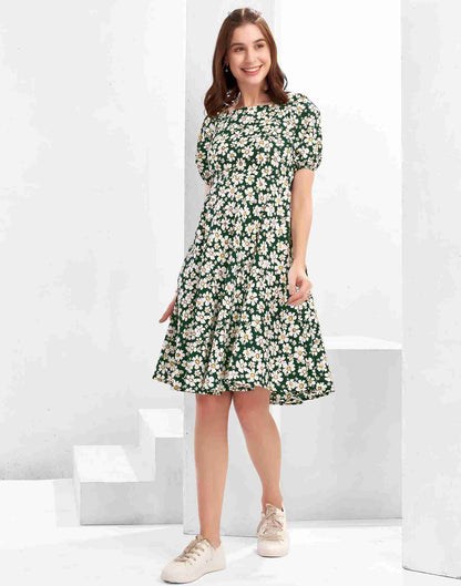 Dark Green Polyester Printed Flared Dress