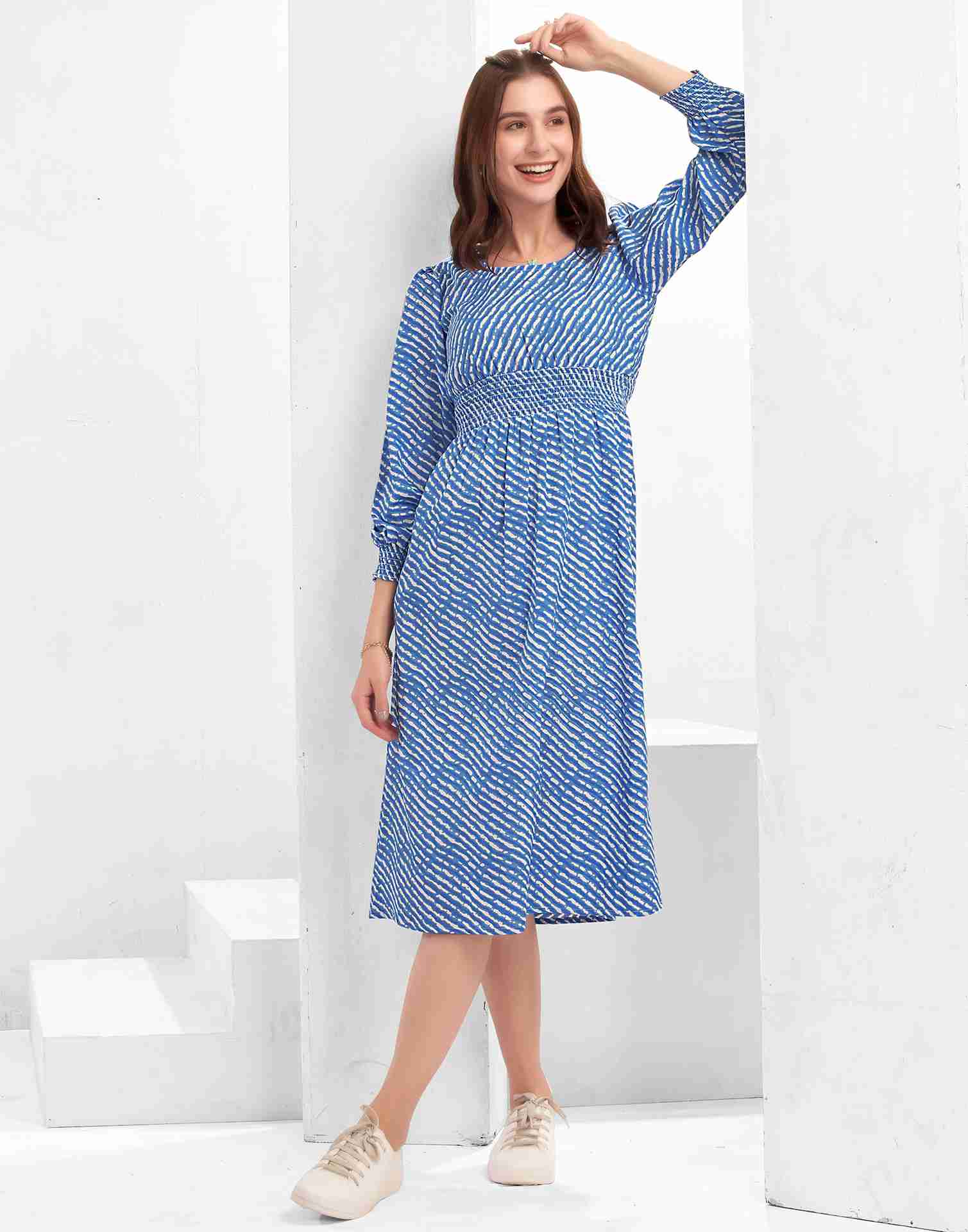 Blue Polyester Printed Flared Dress