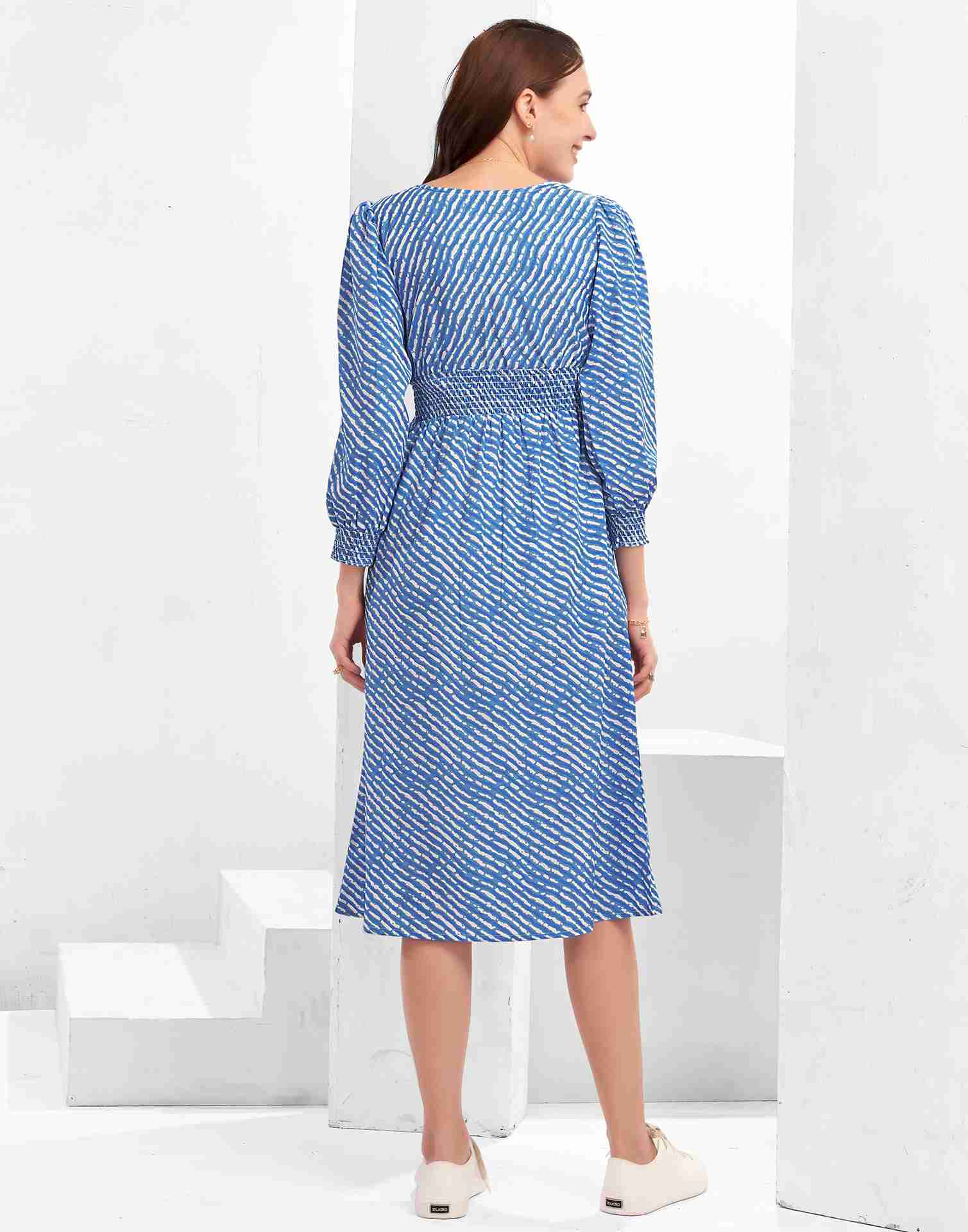 Blue Polyester Printed Flared Dress