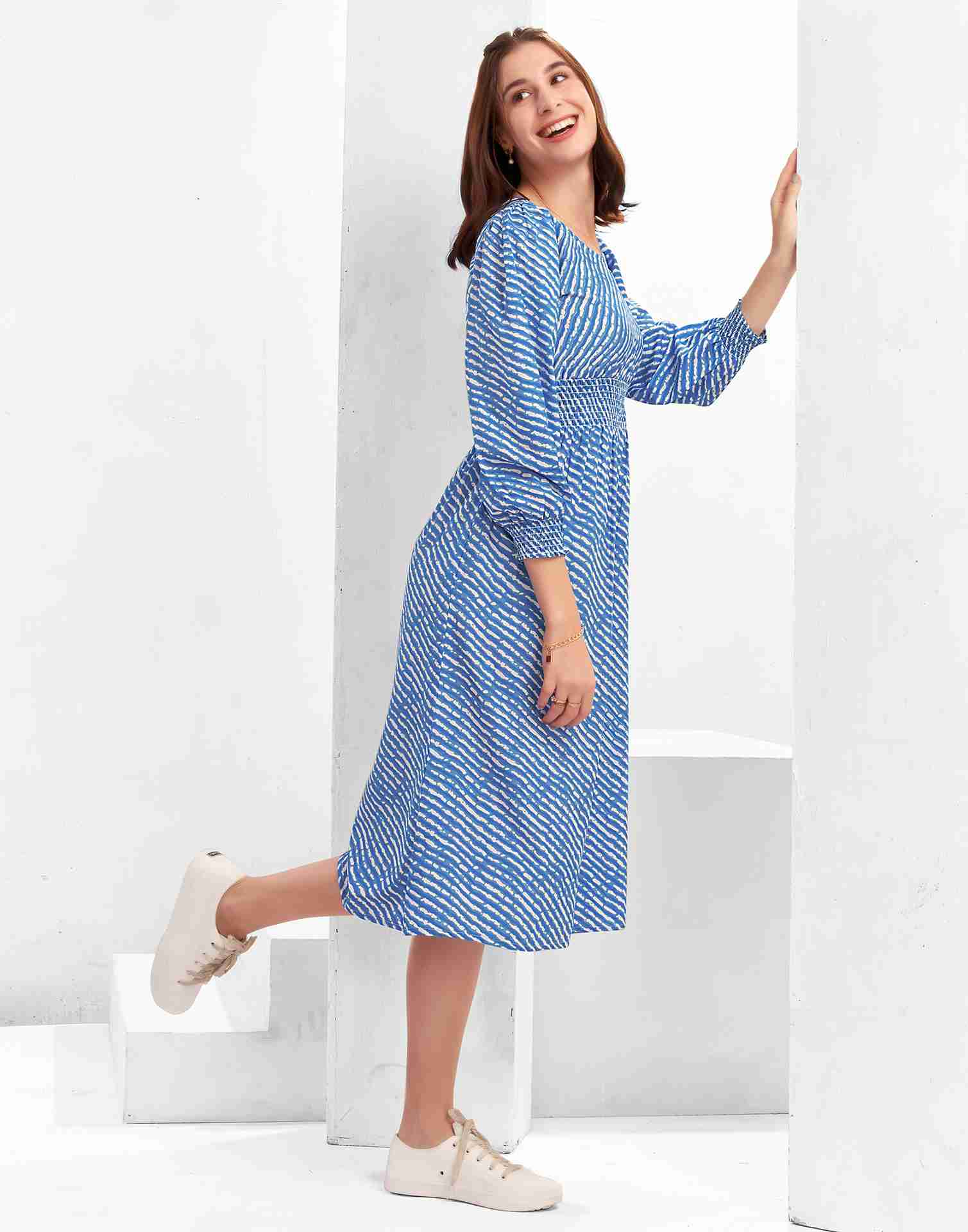 Blue Polyester Printed Flared Dress