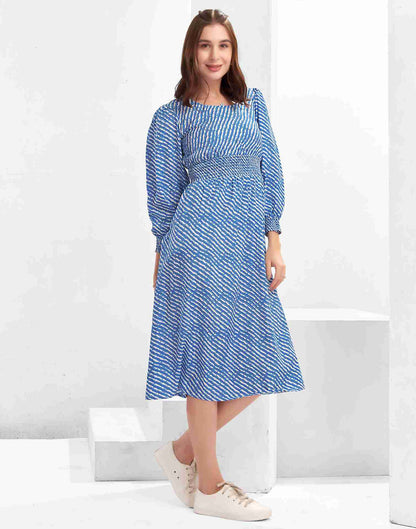 Blue Polyester Printed Flared Dress