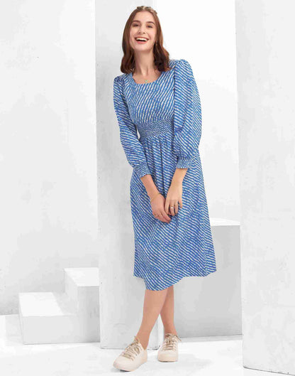 Blue Polyester Printed Flared Dress