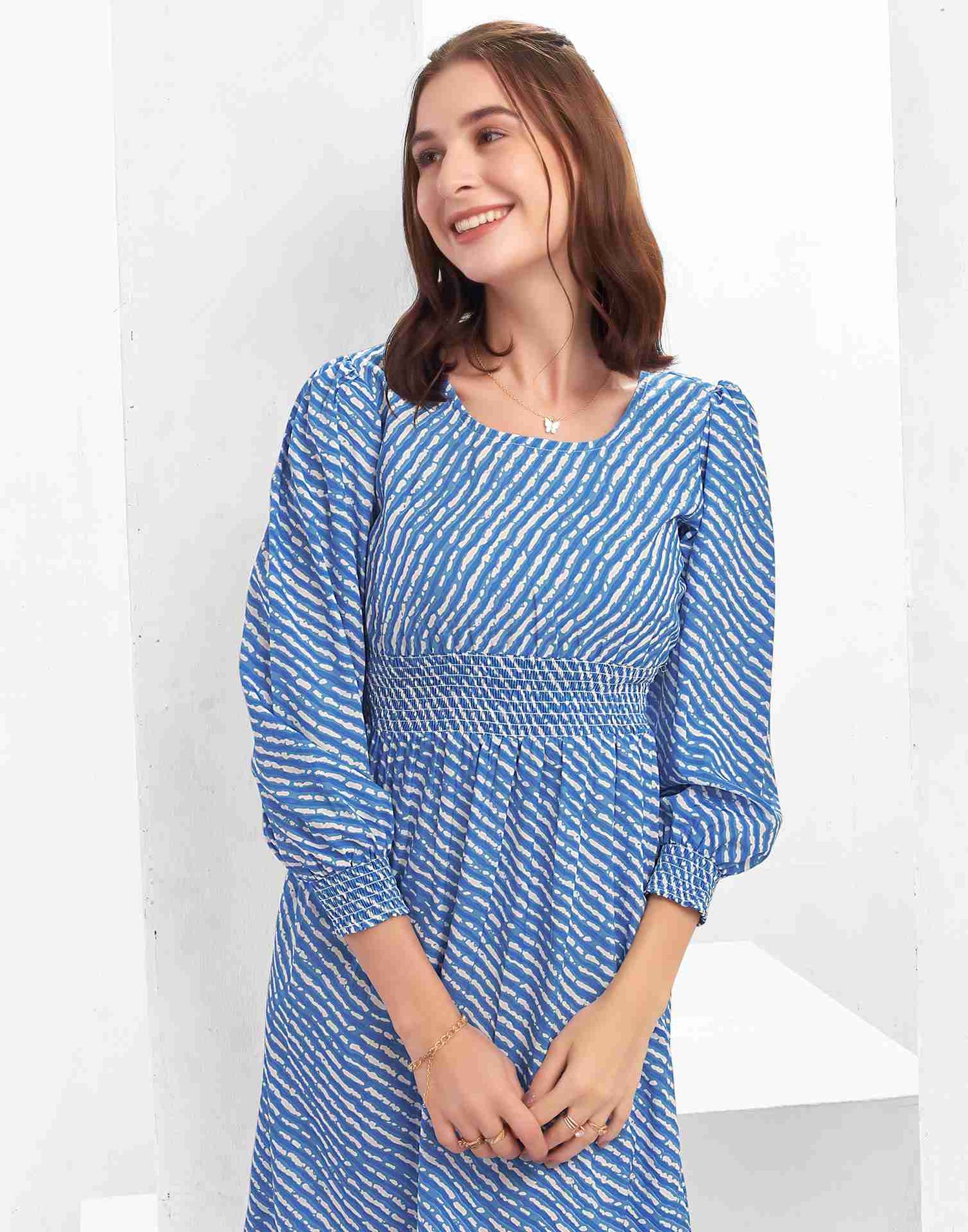 Blue Polyester Printed Flared Dress