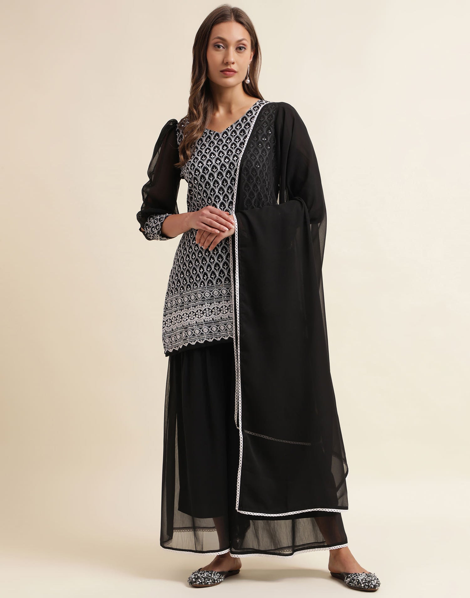 Black  Sequence Georgette Straight Kurta With Pant And Dupatta