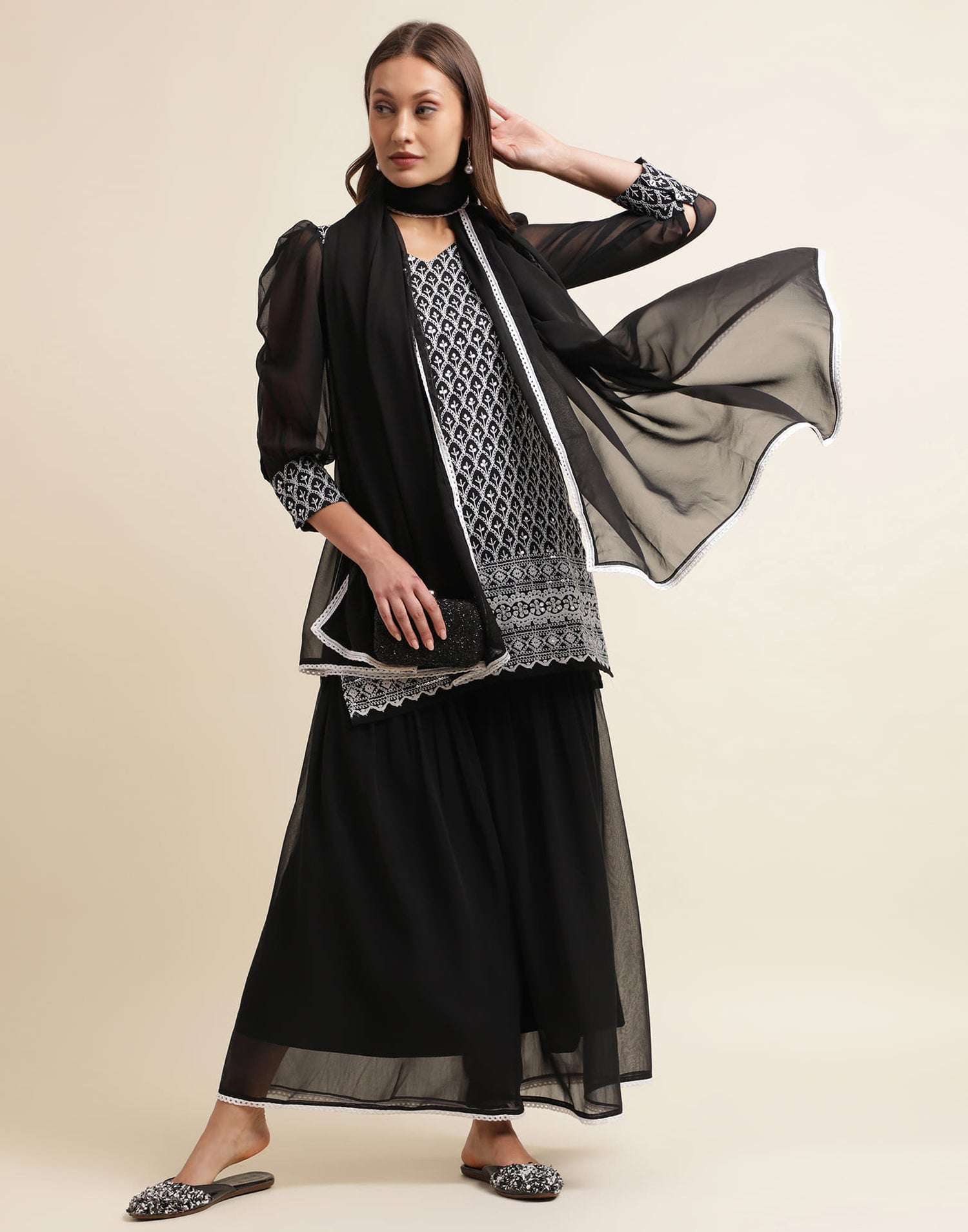 Black  Sequence Georgette Straight Kurta With Pant And Dupatta