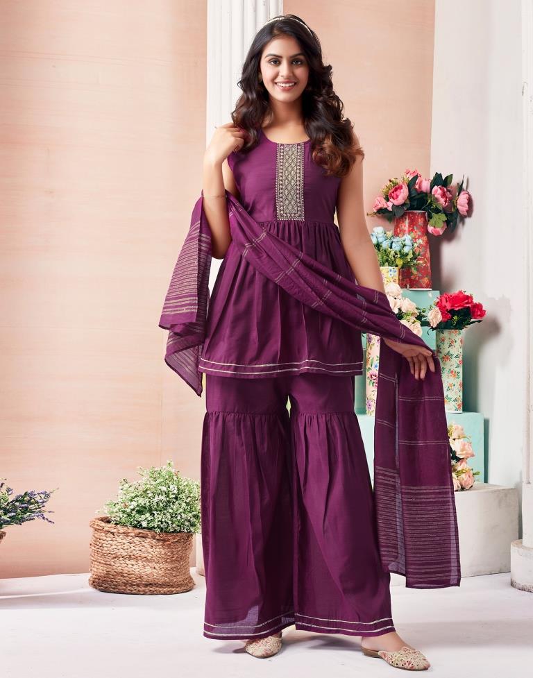 Wine Silk Embroidery Kurta Set With Dupatta