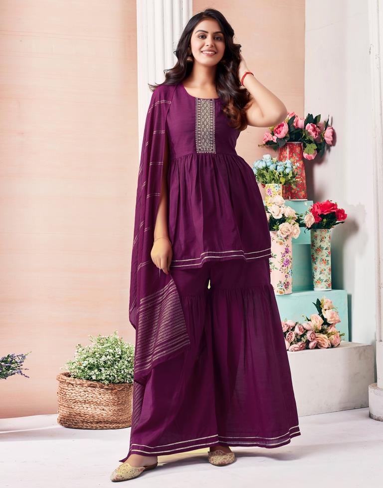 Wine Silk Embroidery Kurta Set With Dupatta