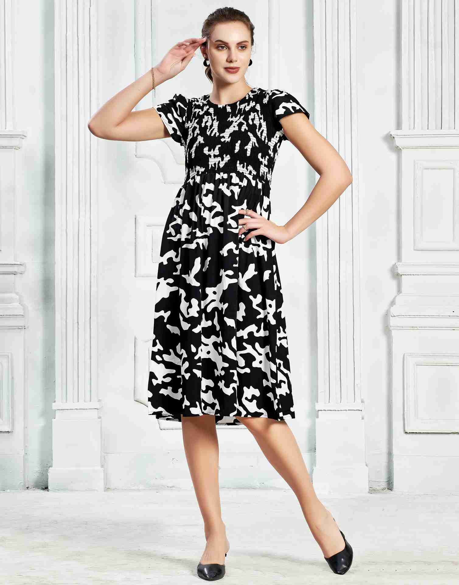 Black Polyester Printed Flared Dress