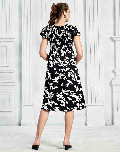 Black Polyester Printed Flared Dress