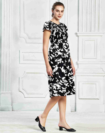 Black Polyester Printed Flared Dress