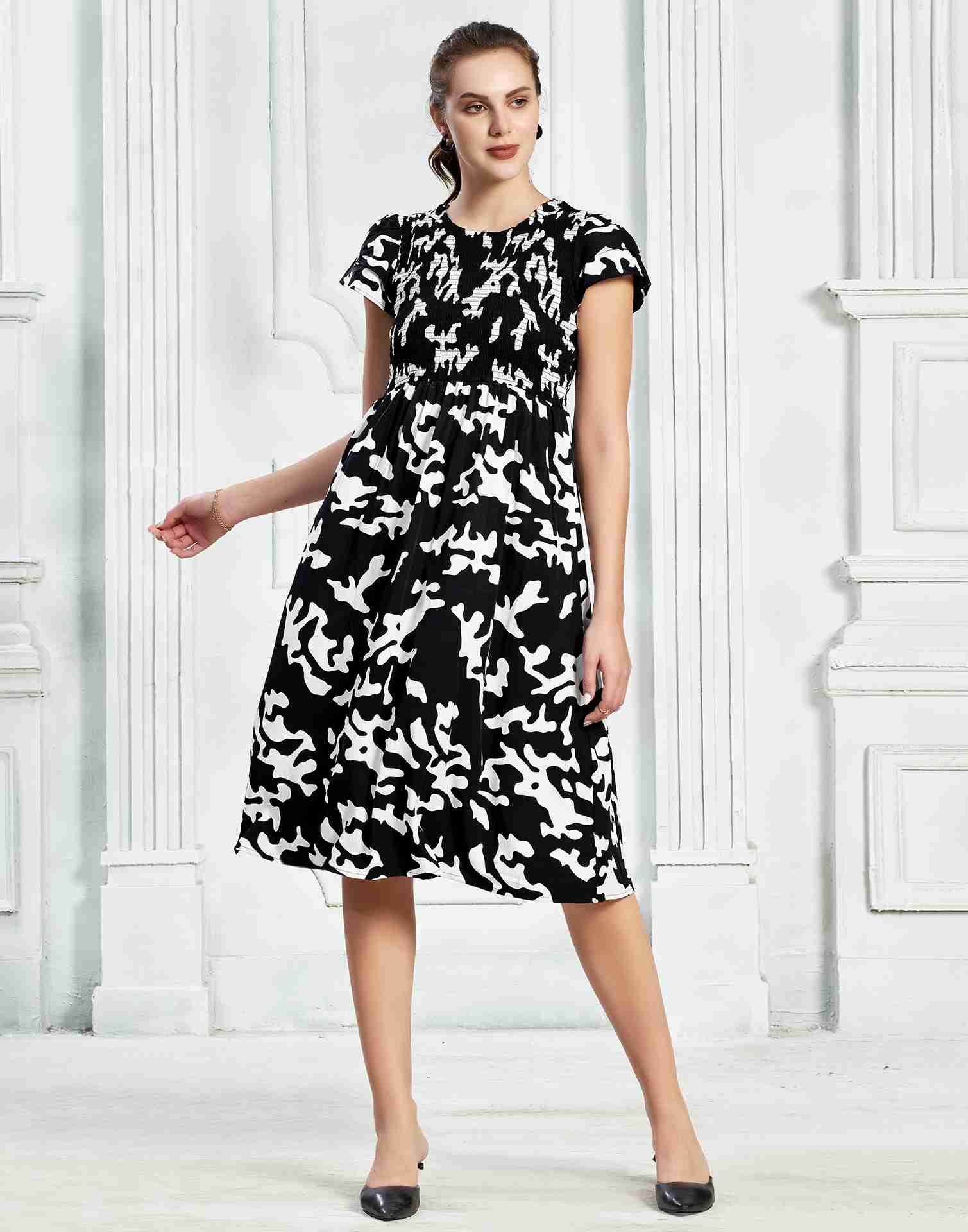 Black Polyester Printed Flared Dress