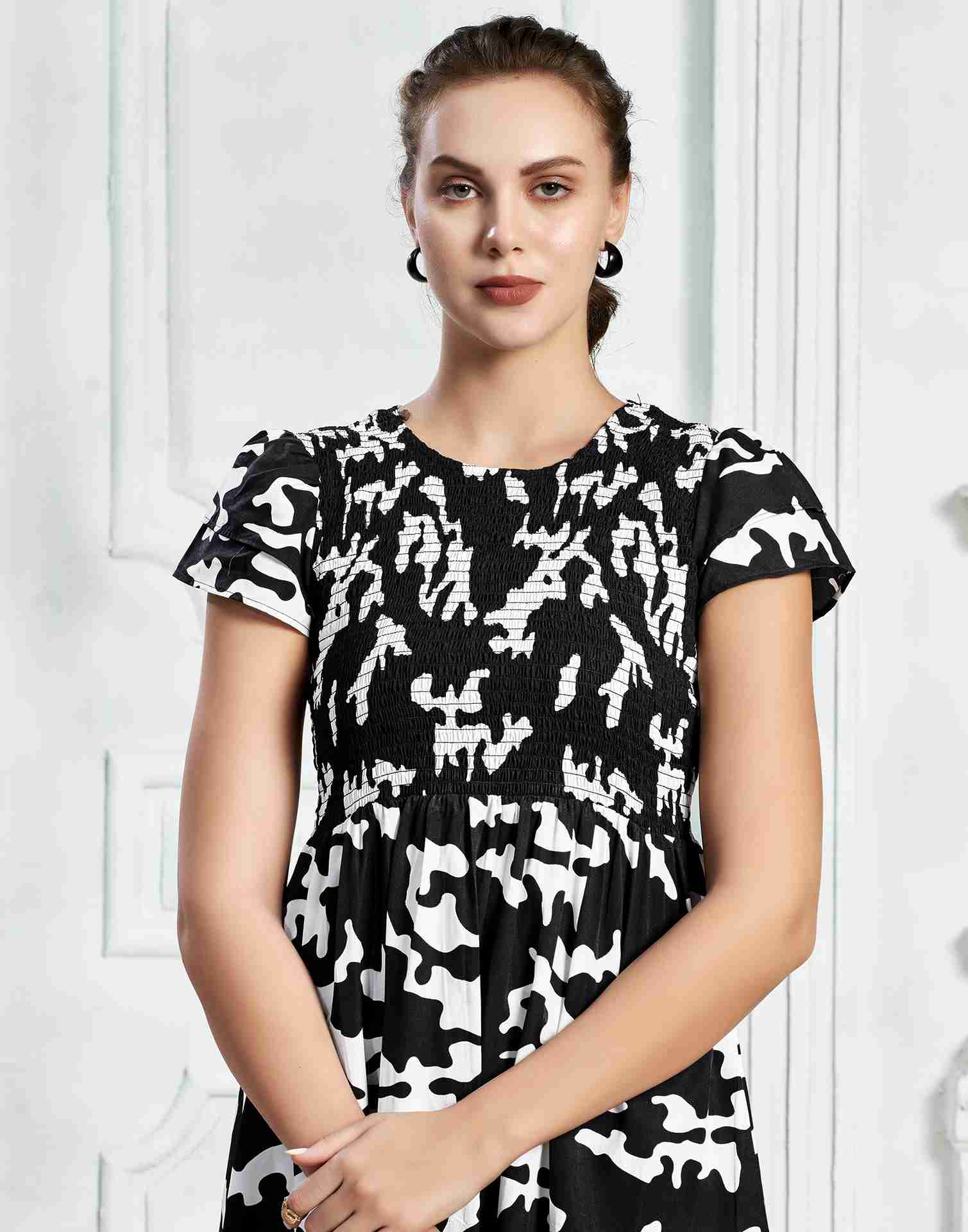 Black Polyester Printed Flared Dress