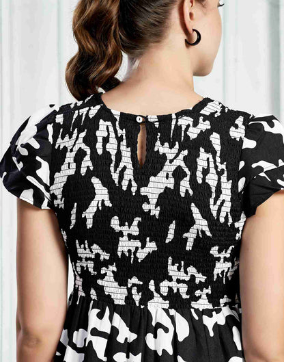 Black Polyester Printed Flared Dress