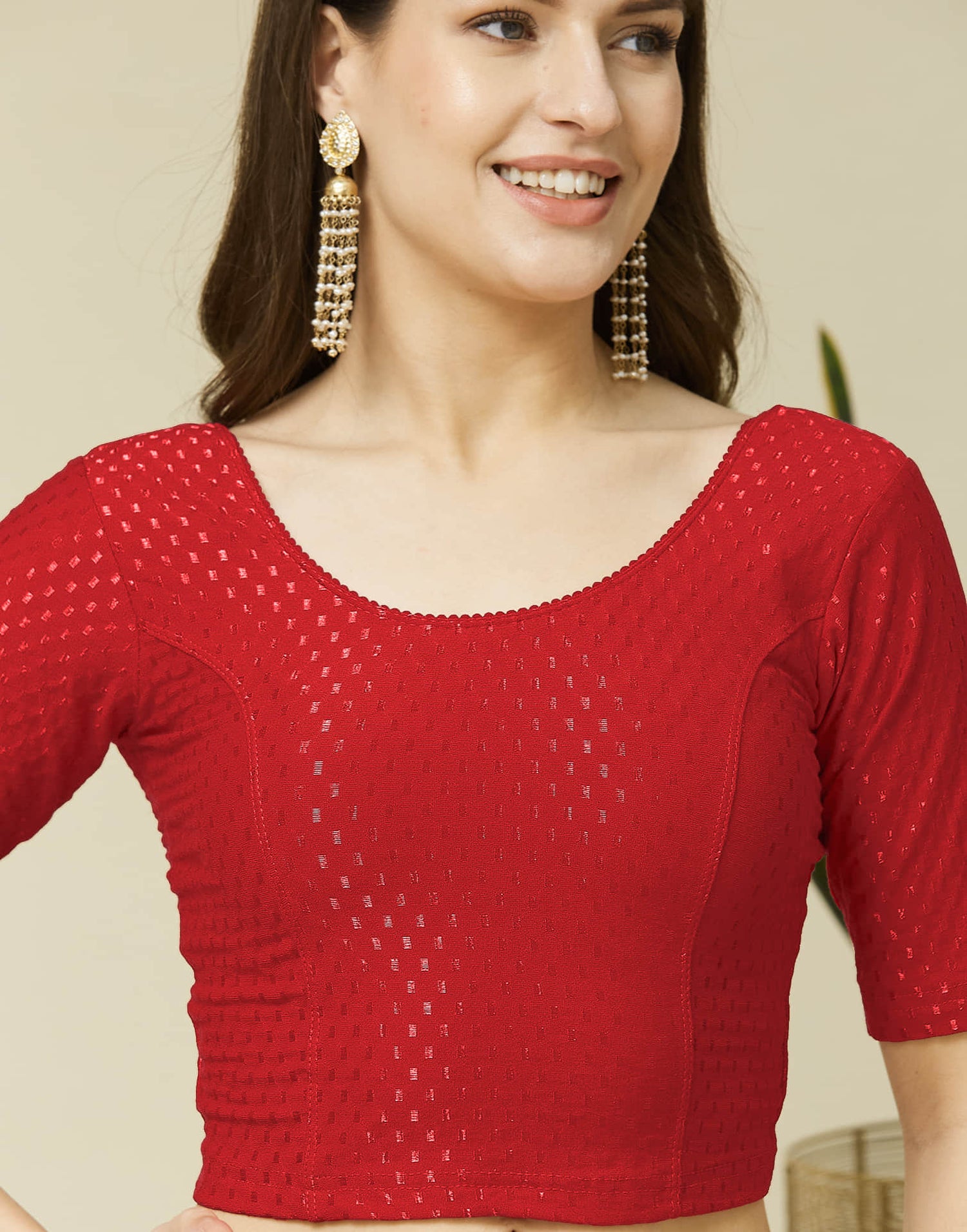 Red Cotton Dyed Self Woven Blouse