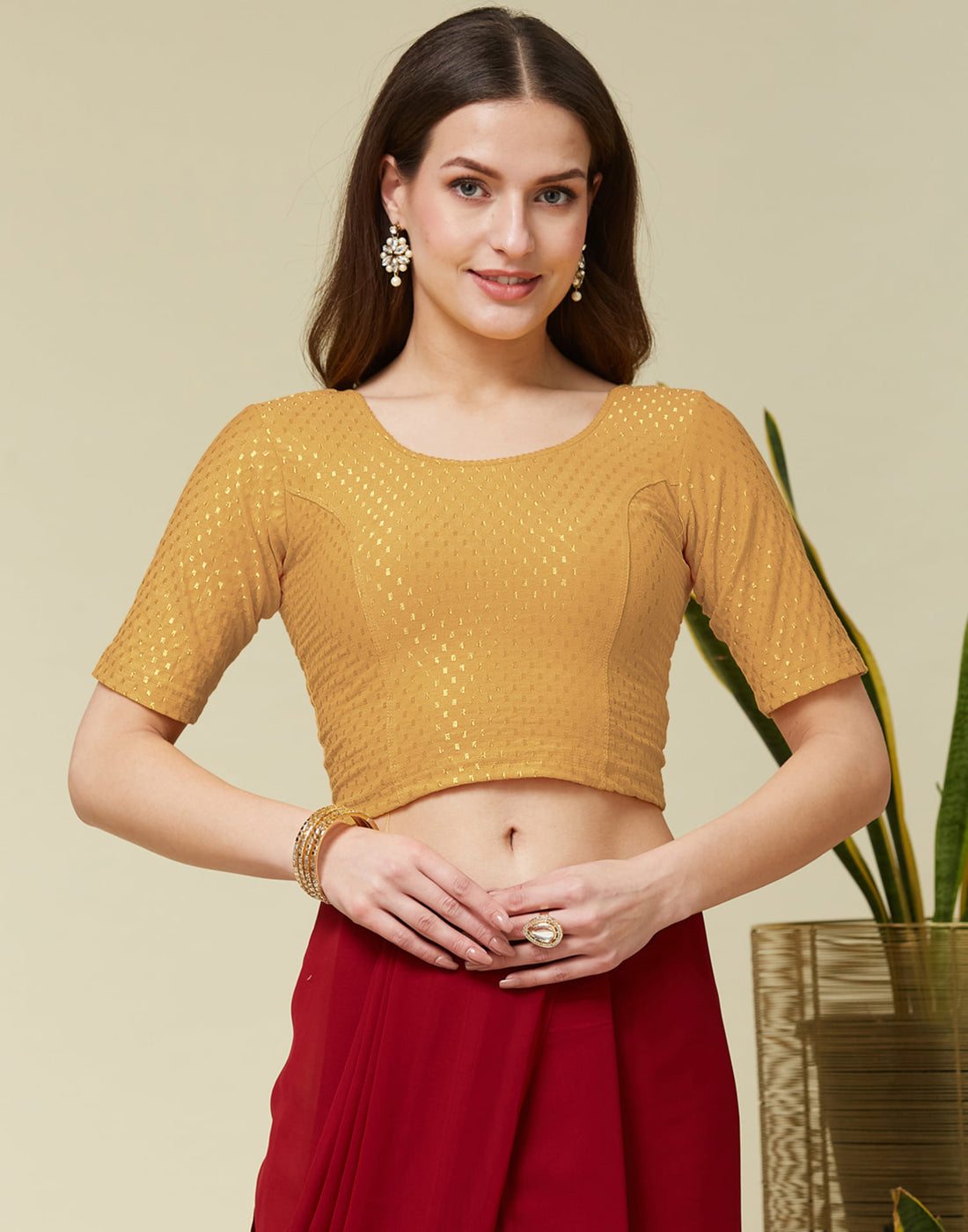 Dark Beige Cotton Lycra Dyed Self Woven Blouse
