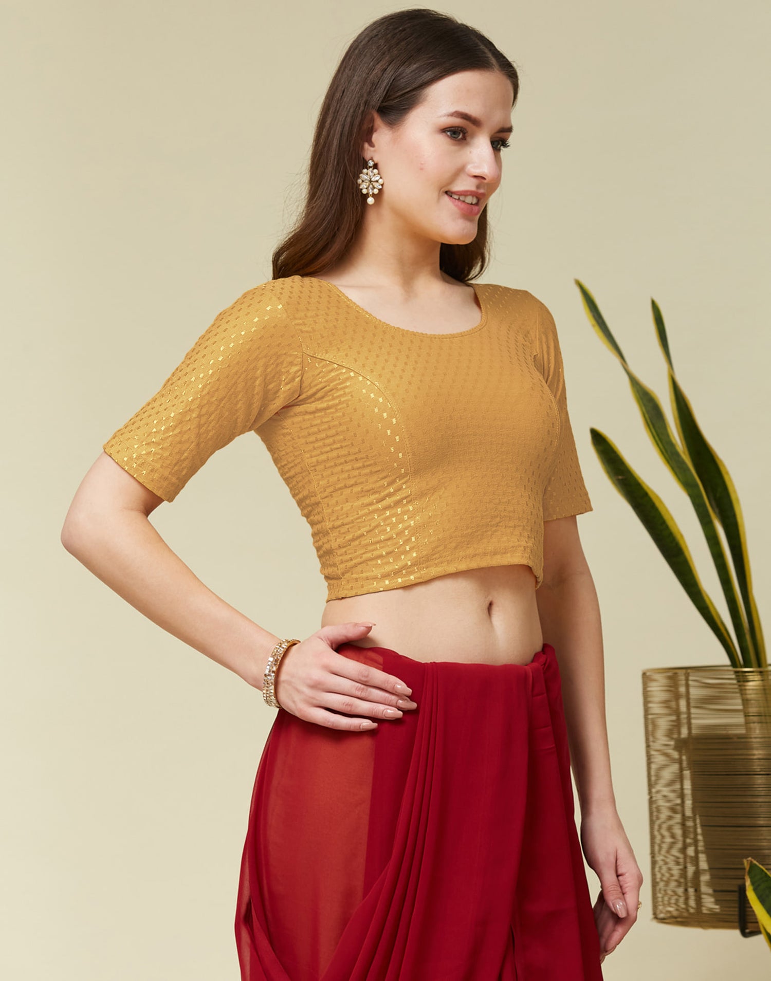 Dark Beige Cotton Lycra Dyed Self Woven Blouse