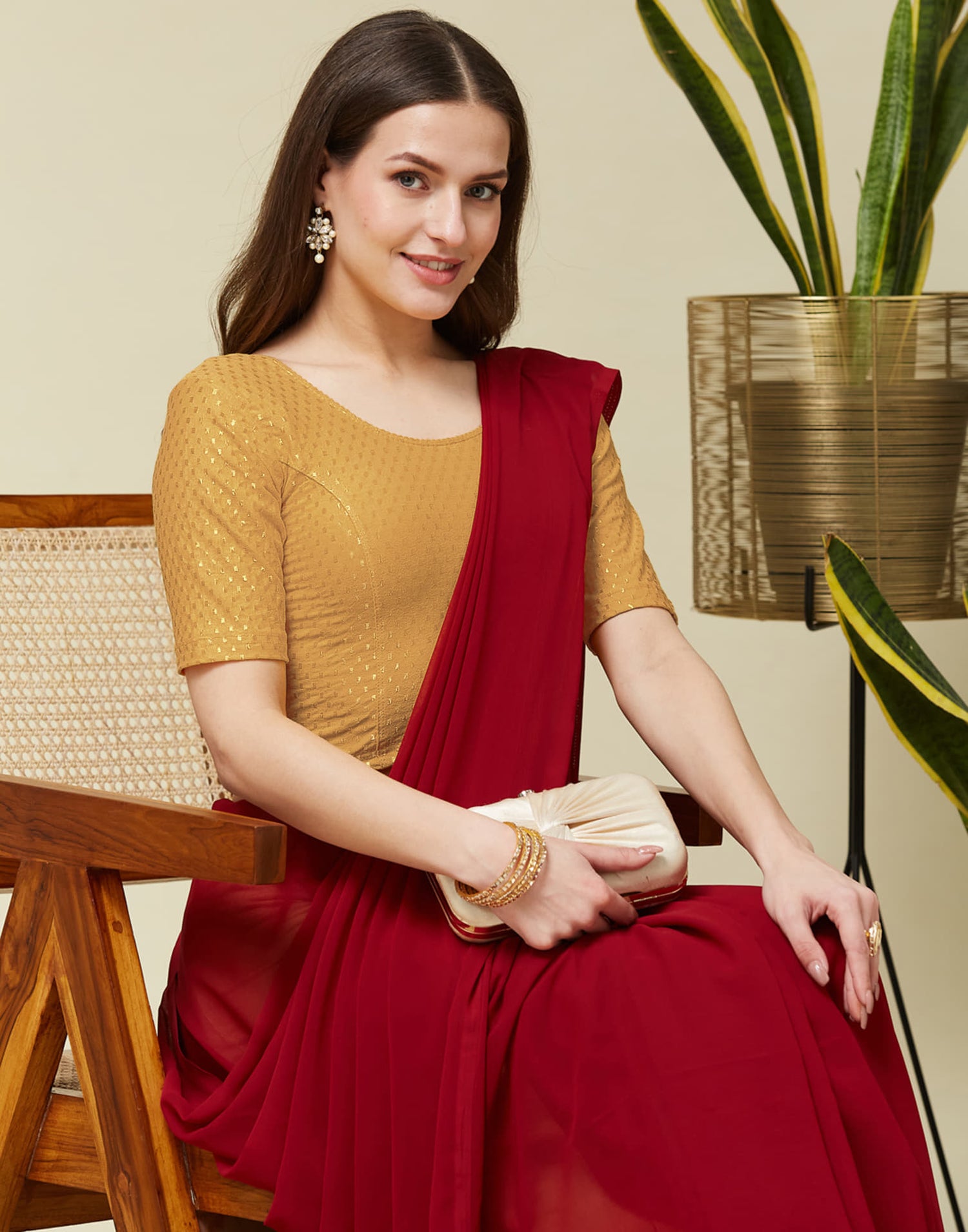 Dark Beige Cotton Lycra Dyed Self Woven Blouse