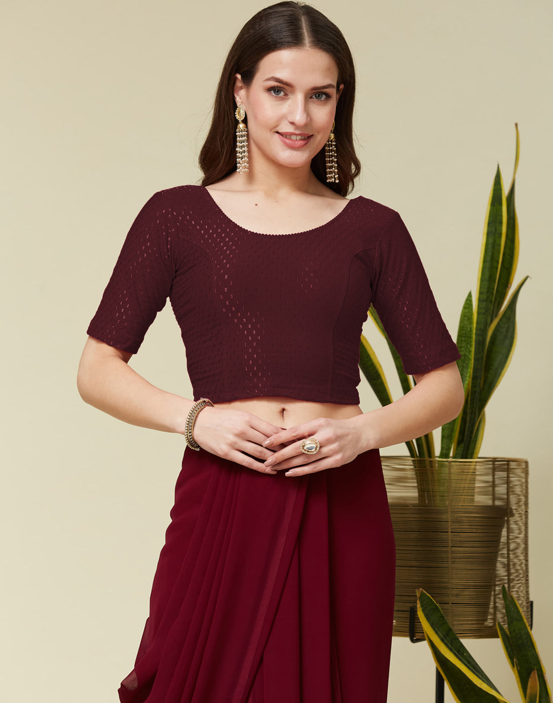 Dark Maroon Cotton Lycra Dyed Self Woven Blouse