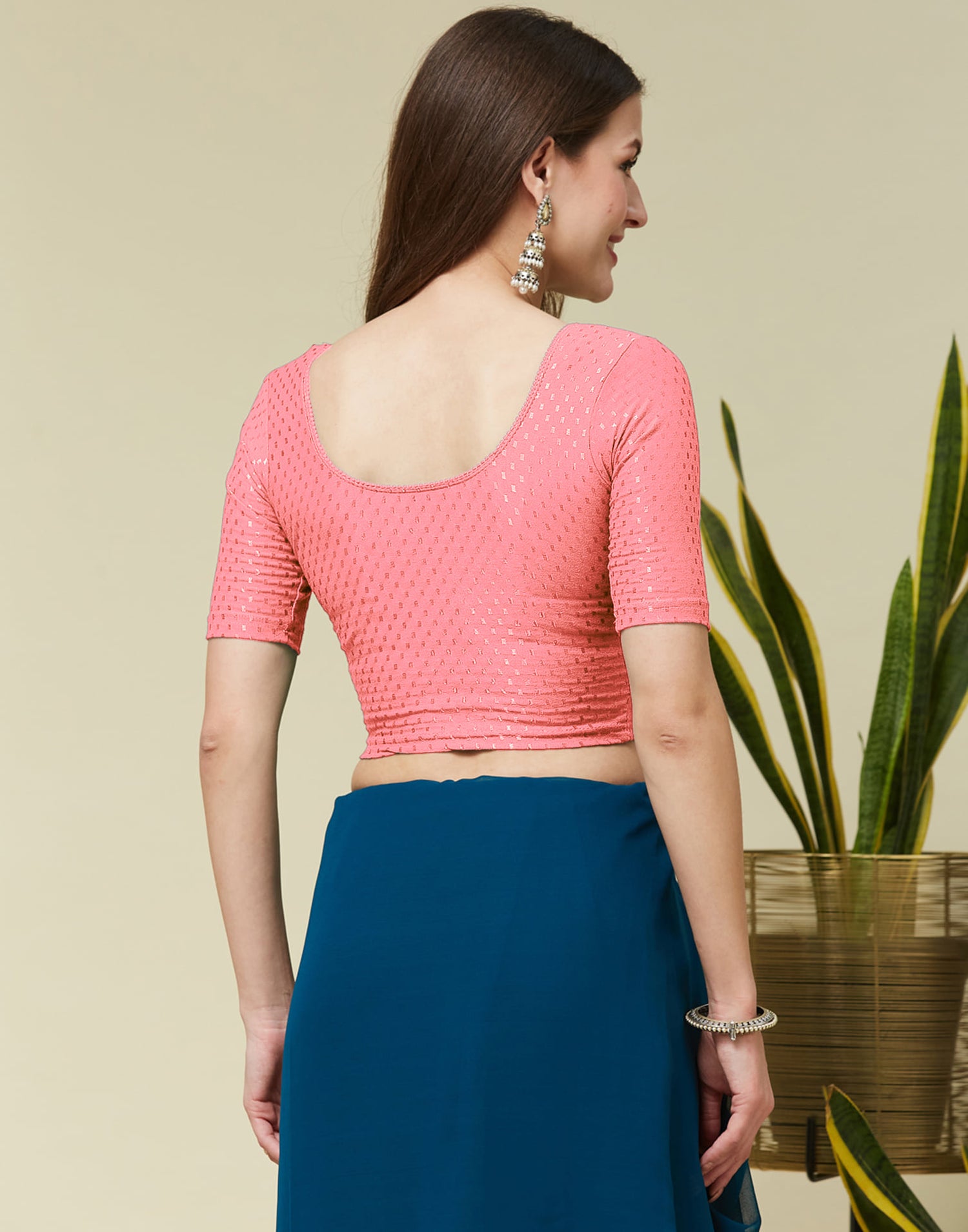 Light Peach Cotton Lycra Dyed Self Woven Blouse