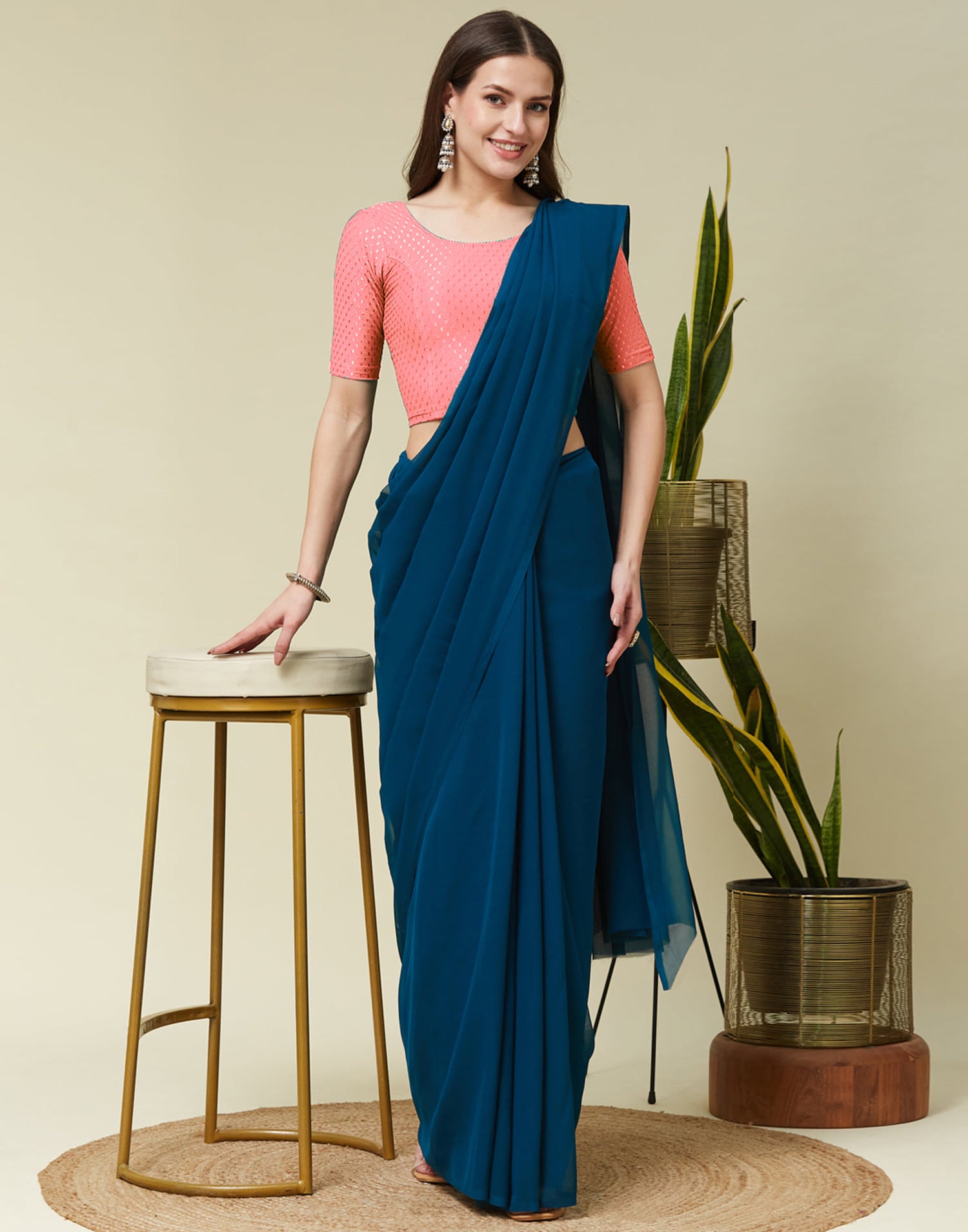 Light Peach Cotton Lycra Dyed Self Woven Blouse