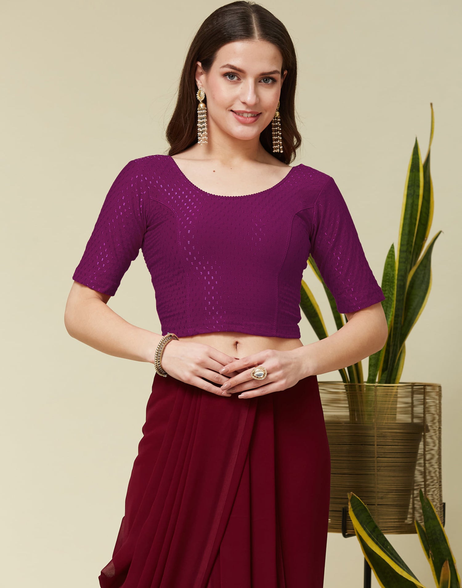 Dark Magenta Cotton Lycra Dyed Self Woven Blouse