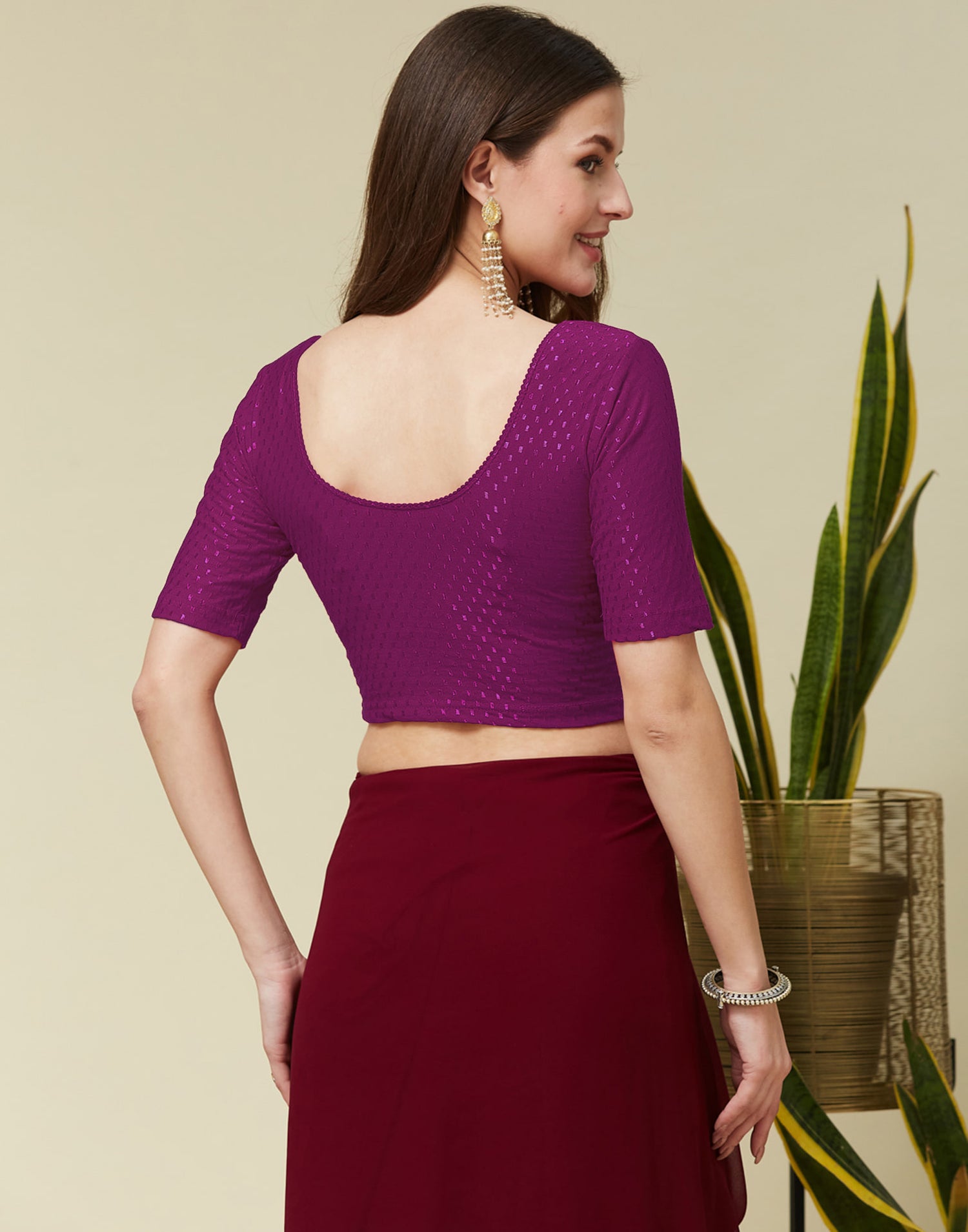 Dark Magenta Cotton Lycra Dyed Self Woven Blouse