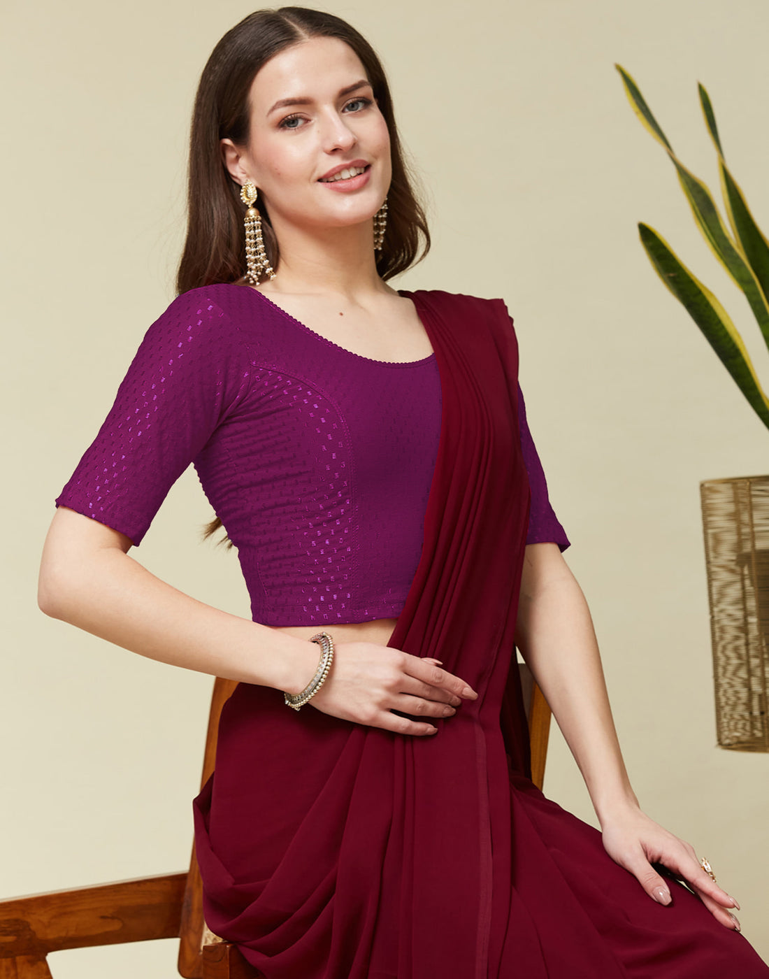 Dark Magenta Cotton Lycra Dyed Self Woven Blouse