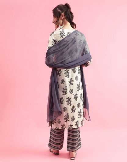 Off White Printed Cotton Straight Kurta With Pant And Dupatta