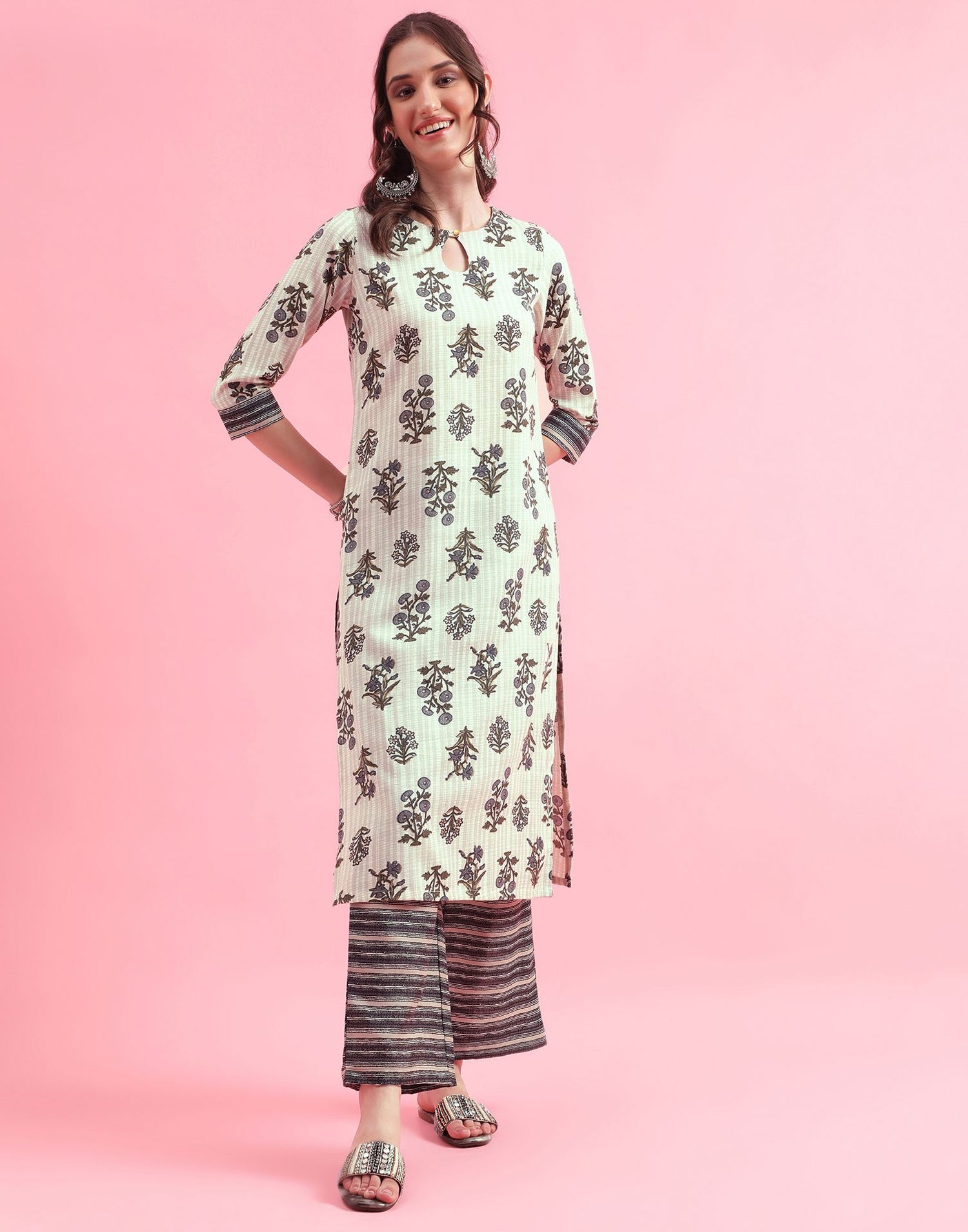 Off White Printed Cotton Straight Kurta With Pant And Dupatta