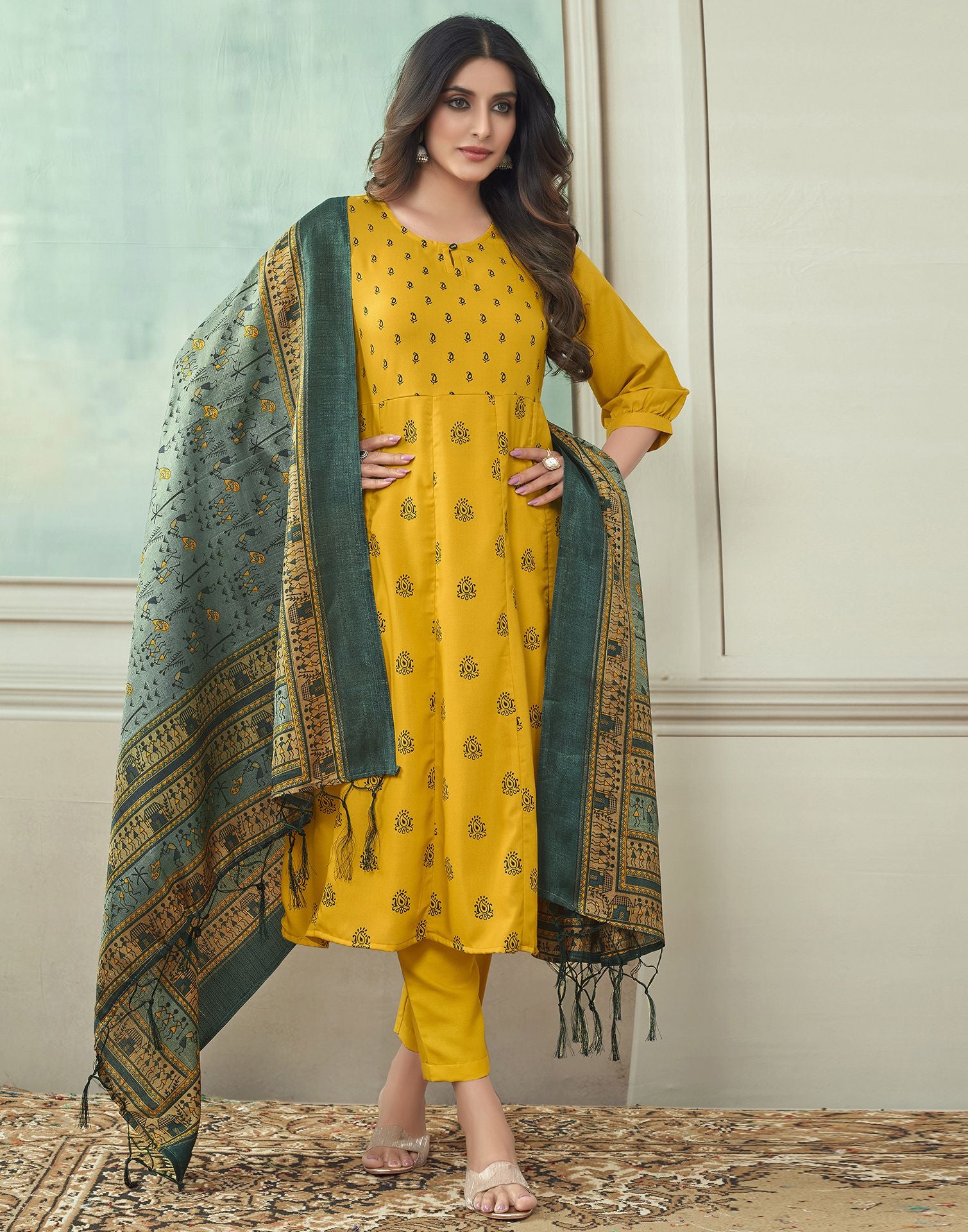 Yellow Printed Rayon A-Line Kurta With Pant And Dupatta