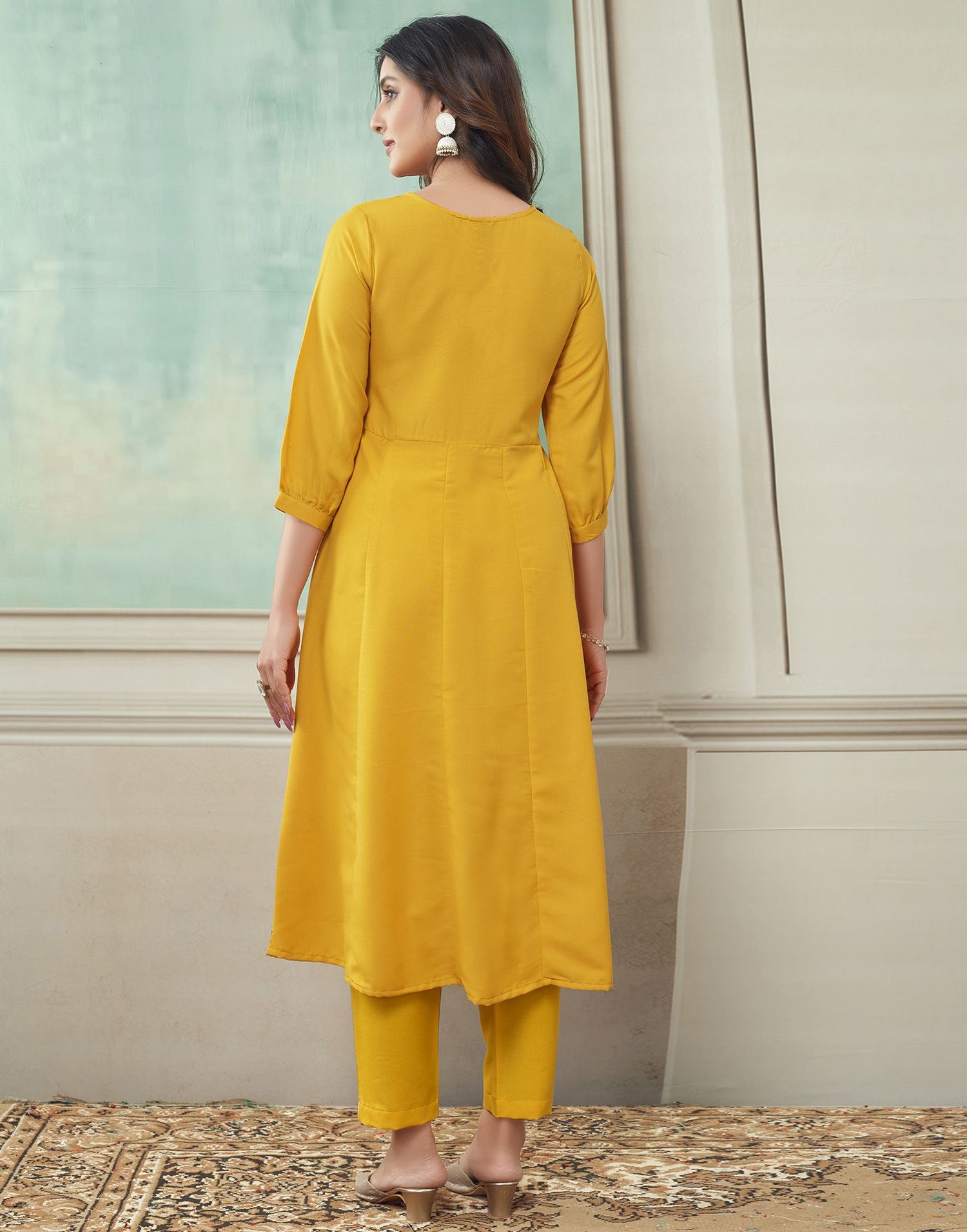 Yellow Printed Rayon A-Line Kurta With Pant And Dupatta