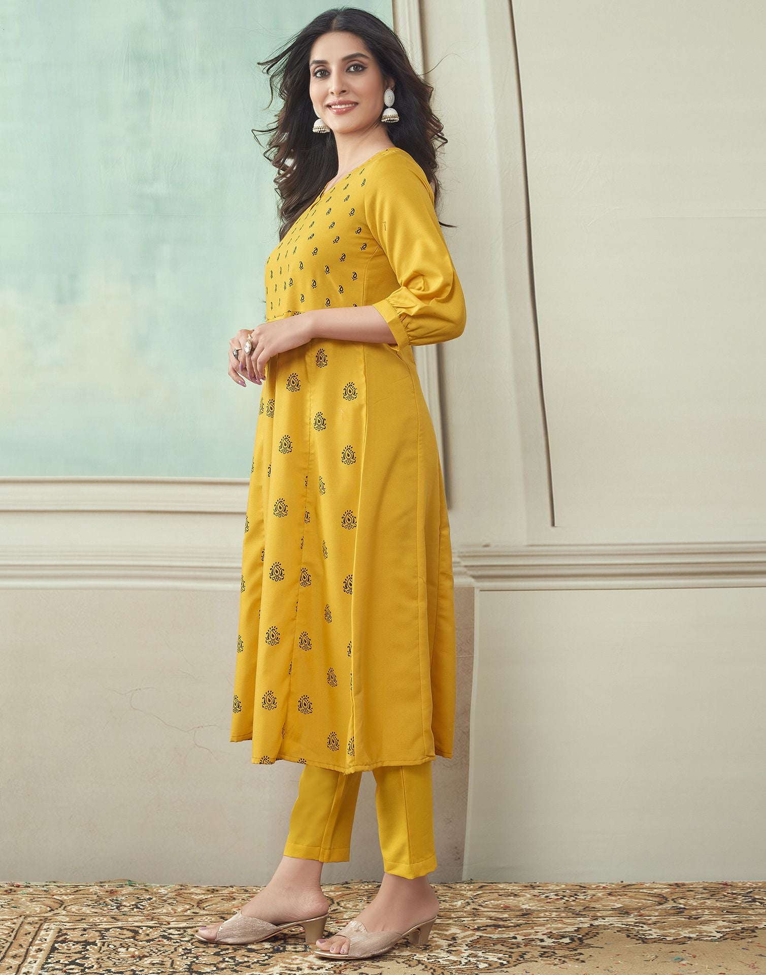 Yellow Printed Rayon A-Line Kurta With Pant And Dupatta