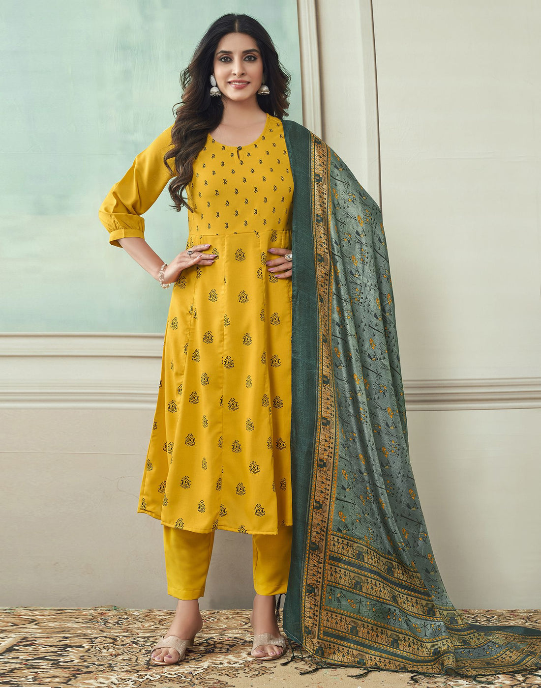 Yellow Printed Rayon A-Line Kurta With Pant And Dupatta