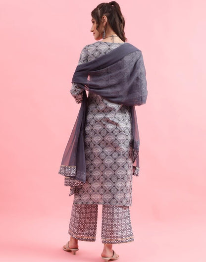 Grey Printed Cotton Straight Kurta With Pant And Dupatta