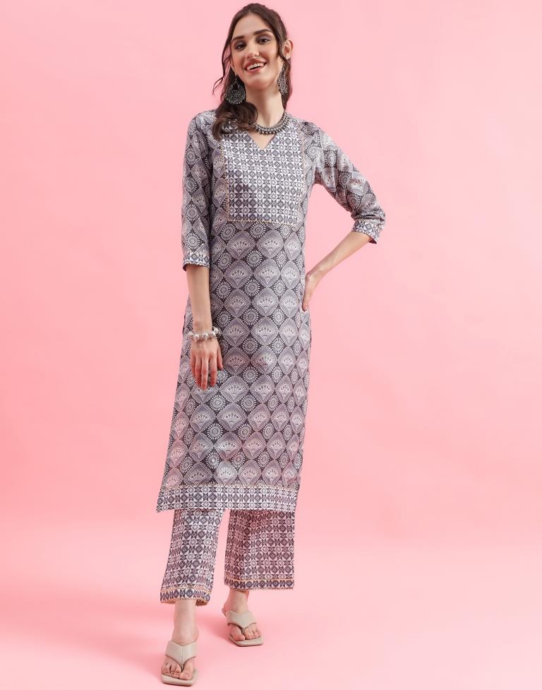 Grey Printed Cotton Straight Kurta With Pant And Dupatta