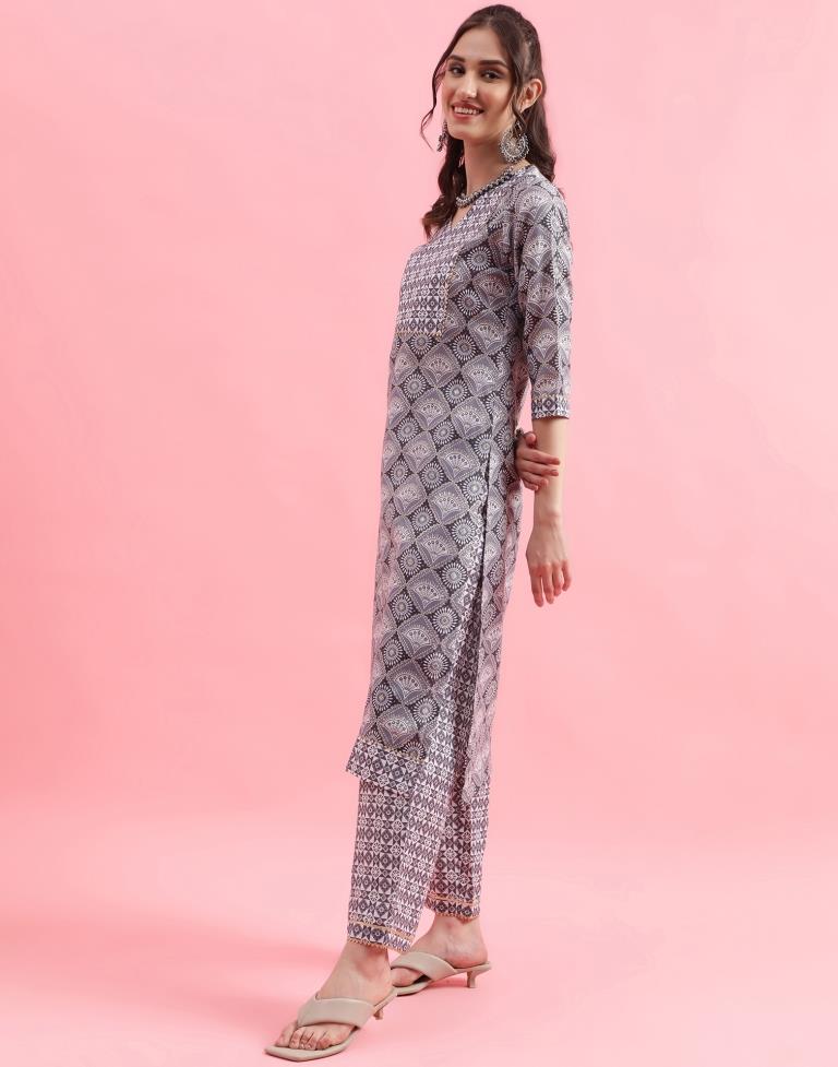 Grey Printed Cotton Straight Kurta With Pant And Dupatta