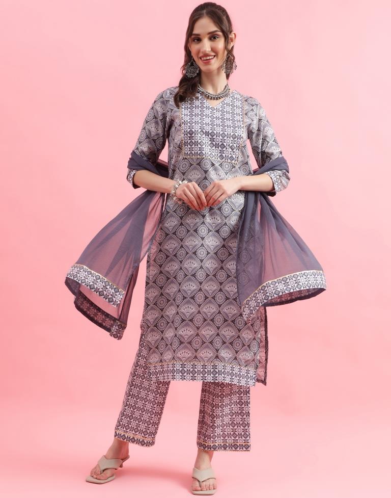 Grey Printed Cotton Straight Kurta With Pant And Dupatta