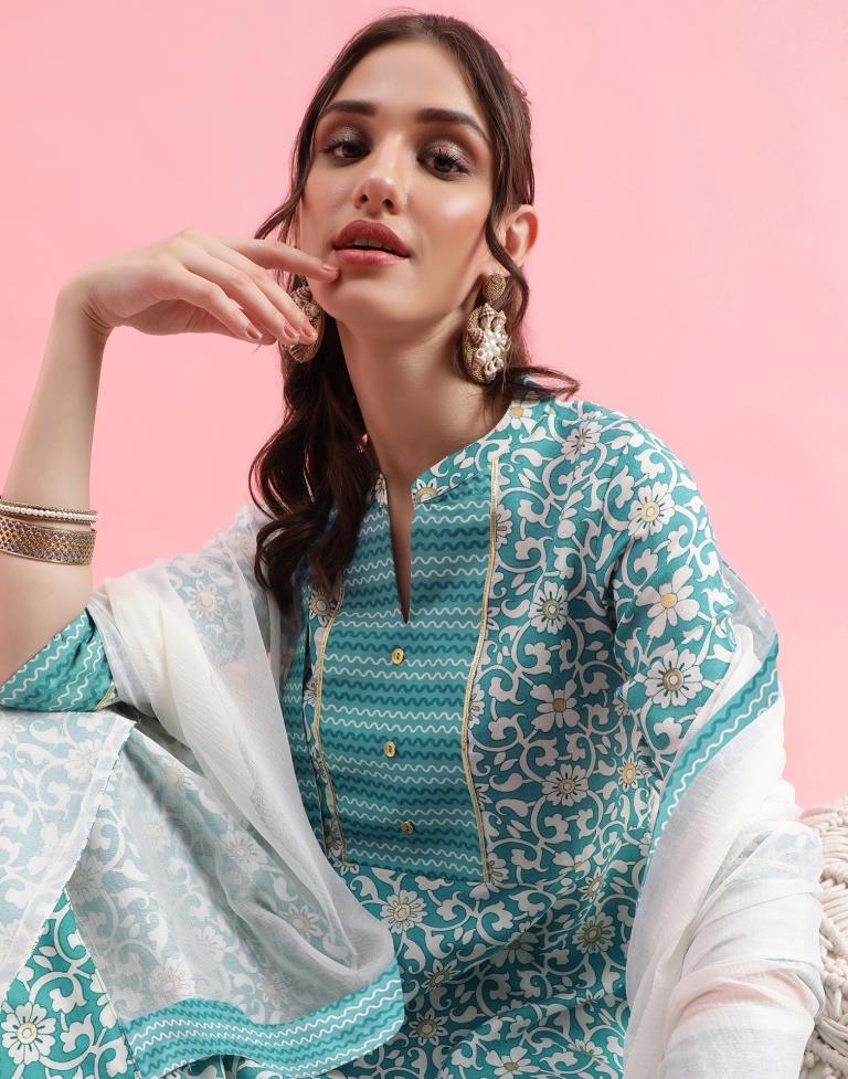 Green Cotton Printed A-Line Kurta With Pant And Dupatta