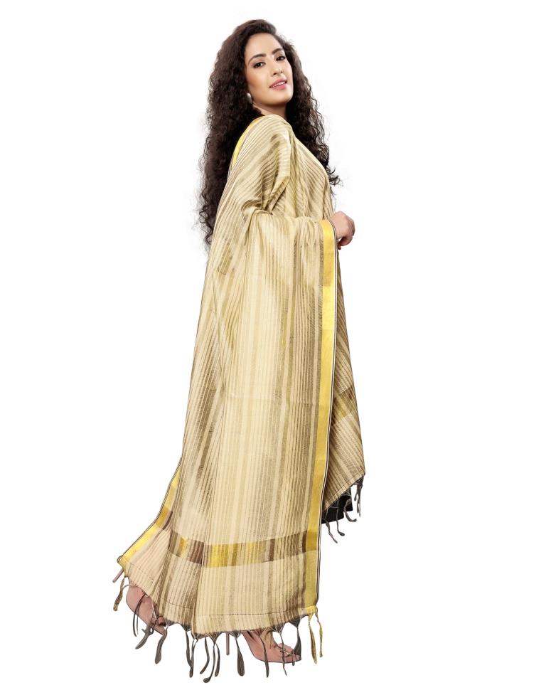 Standard Beige Coloured Cotton Silk Woven Strip Dupatta | Sudathi