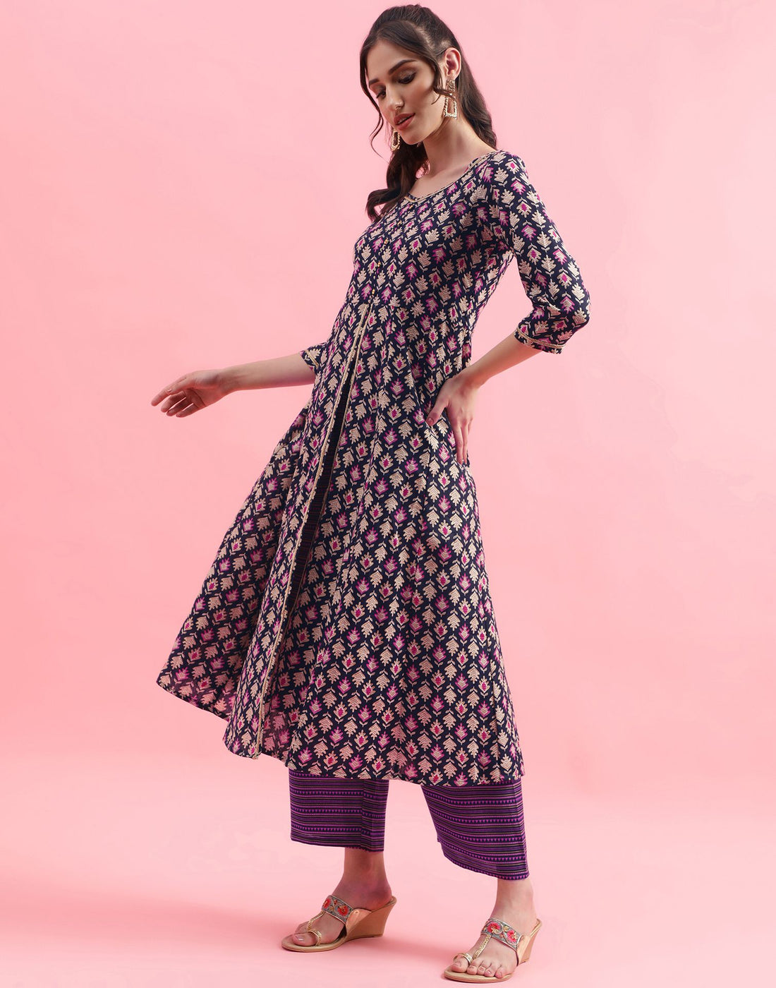 Navy Blue Printed Cotton A-Line Kurta Set With Dupatta