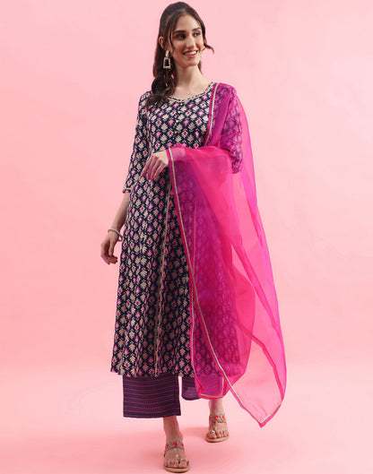 Navy Blue Printed Cotton A-Line Kurta Set With Dupatta