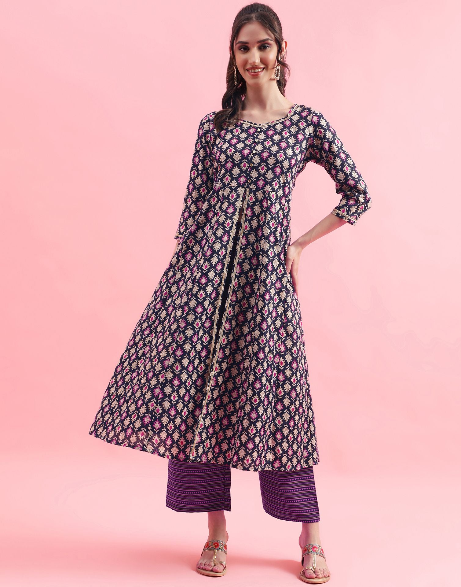 Navy Blue Printed Cotton A-Line Kurta Set With Dupatta