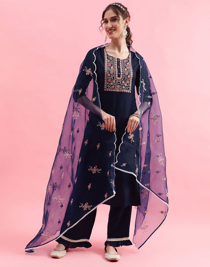 Dark Blue Plain Rayon Straight Kurta With Pant And Dupatta