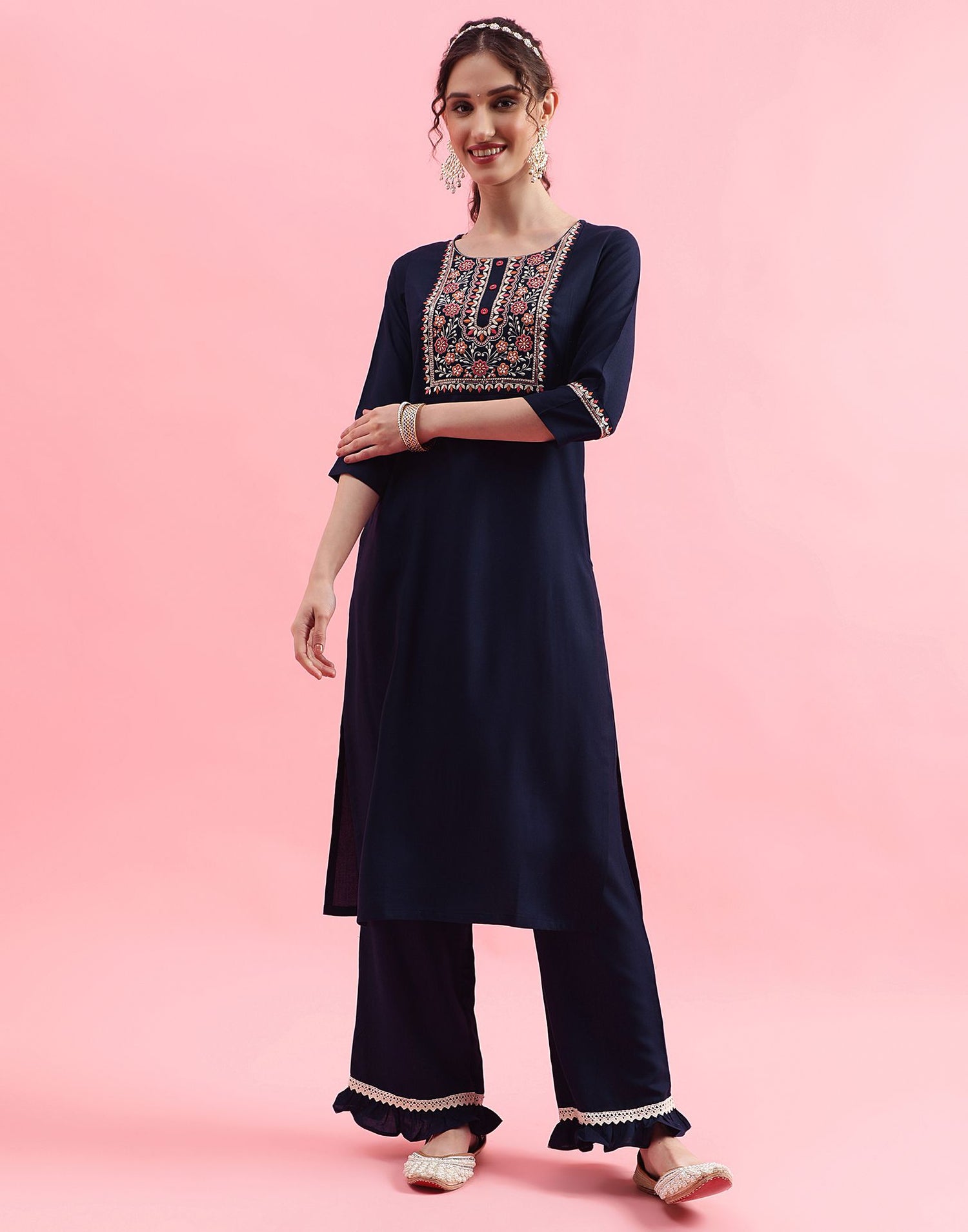 Dark Blue Plain Rayon Straight Kurta With Pant And Dupatta