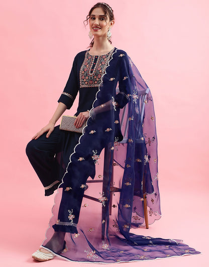 Dark Blue Plain Rayon Straight Kurta With Pant And Dupatta