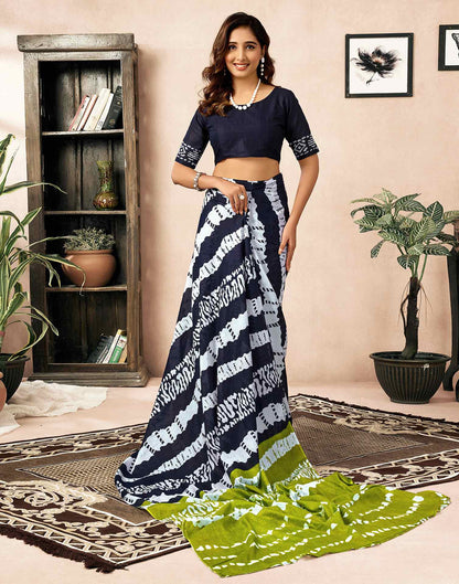 Ready To Wear Navy Blue Cotton Printed Saree With Pocket