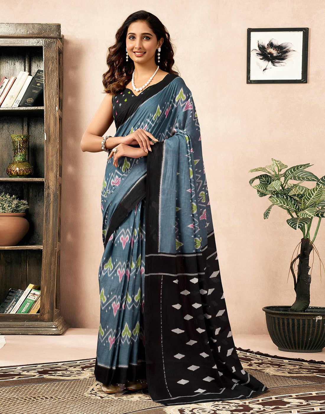 Ready To Wear Grey Cotton Ikkat Printed Saree