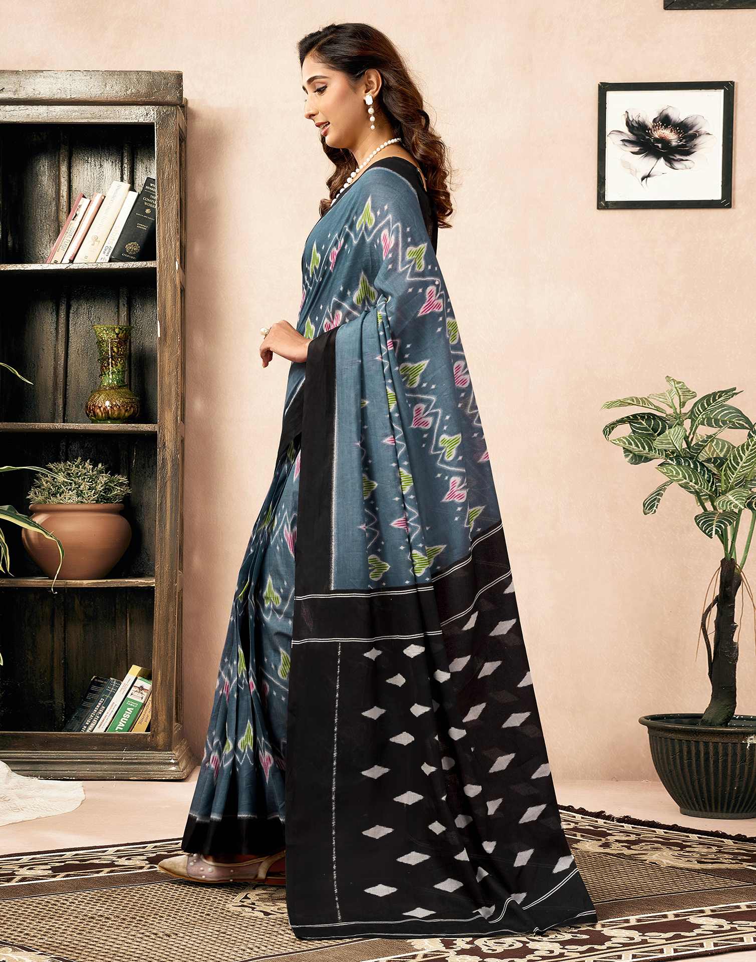 Ready To Wear Grey Cotton Ikkat Printed Saree